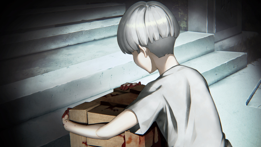 1boy, blood, blood_on_hands, blood_on_object, child, crate, game_cg, highres