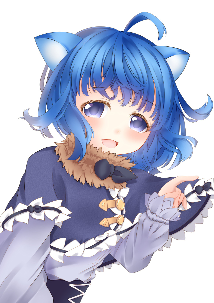 1girl, absurdres, ahoge, animal_ears, blue_capelet, blue_eyes, blue_hair, capelet