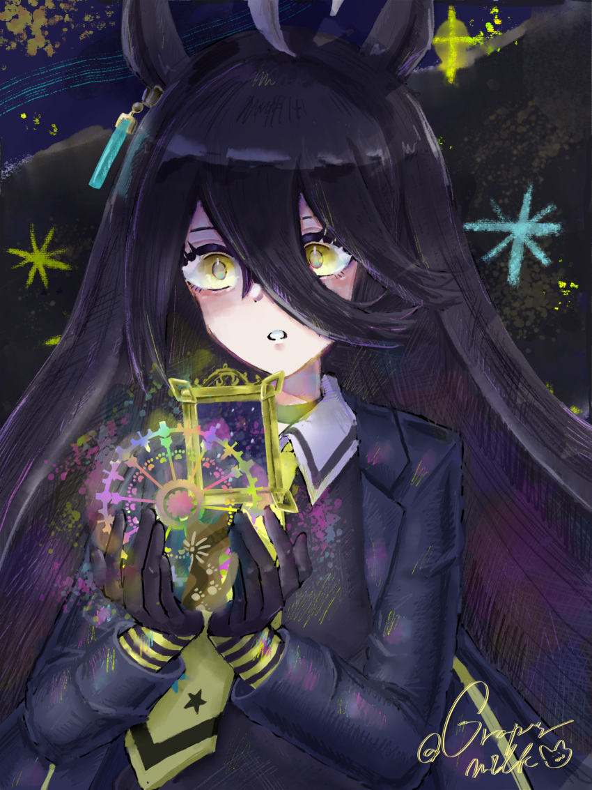 1girl, ahoge, animal_ears, black_coat, black_gloves, black_hair, black_shirt, coat