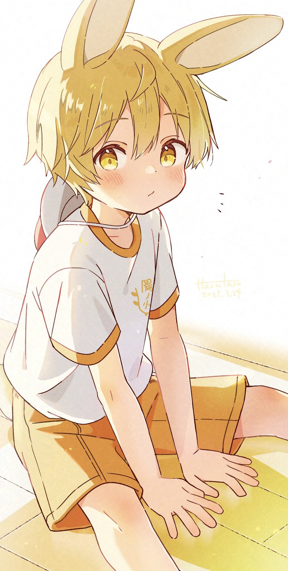 1boy, animal_ears, blonde_hair, blush, child, closed_mouth, commentary_request, crew_neck