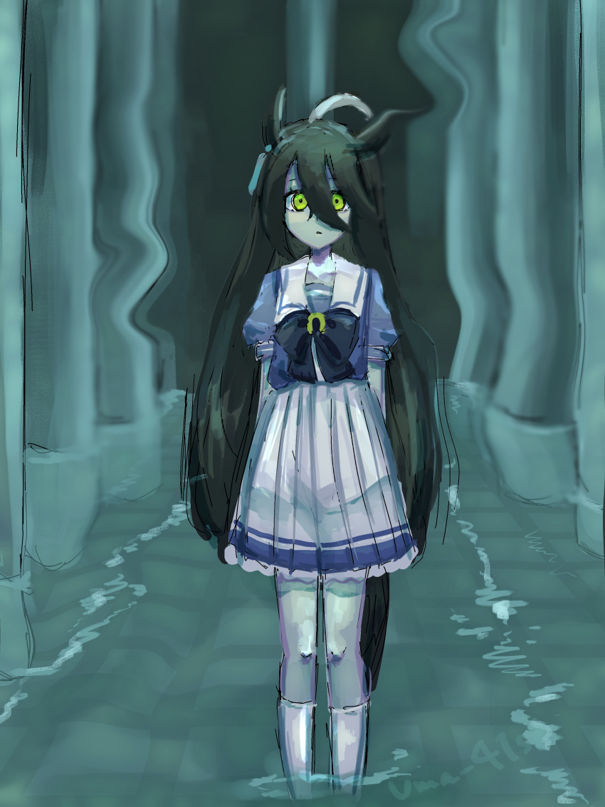 1girl, absurdres, ahoge, animal_ears, backrooms_(creepypasta), black_hair, bow, bowtie