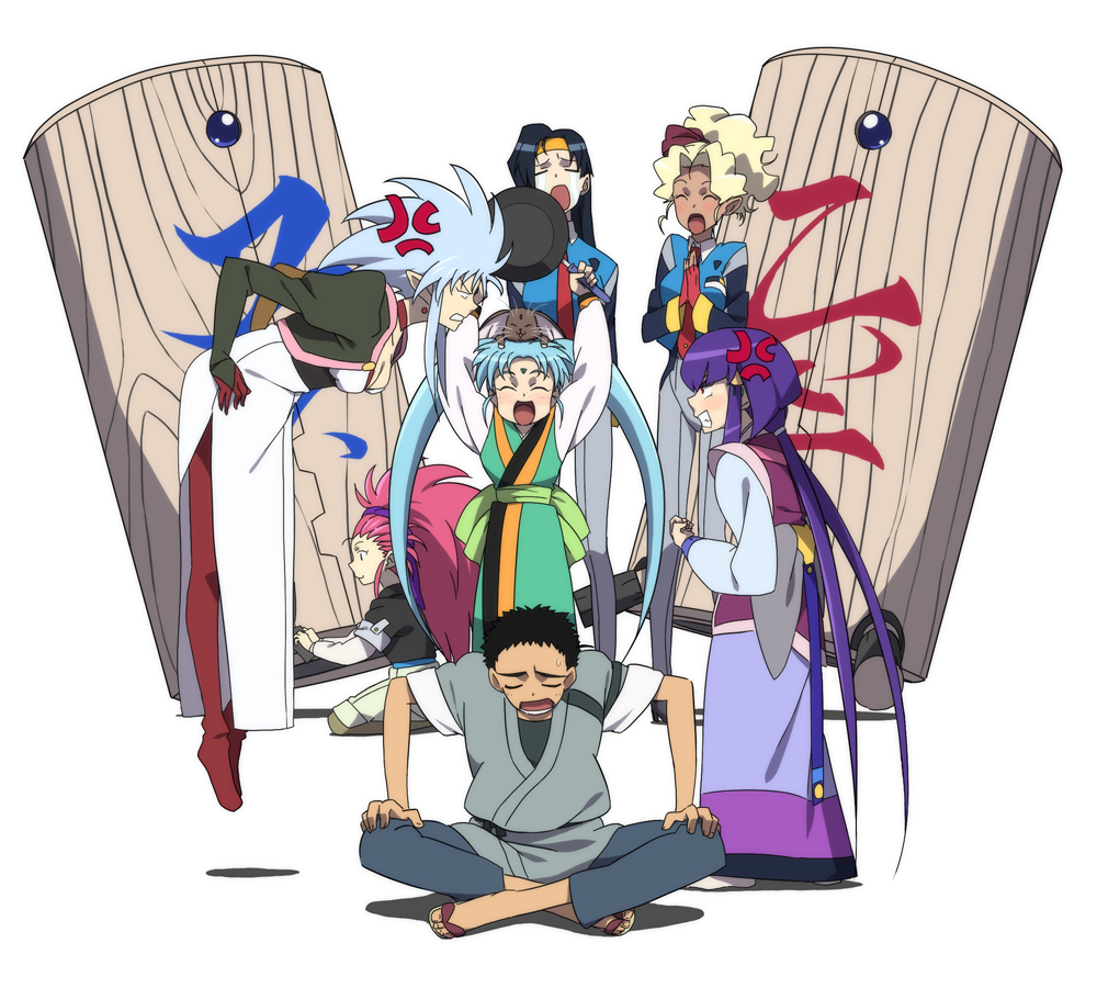 aqua_hair, azaka, black_hair, blonde_hair, breasts, cleavage, clenched_teeth, closed_eyes, eyes_closed, floating, frying_pan, hair_bobbles, hair_ornament, hair_ribbon, hakubi_washuu, japanese_clothes, kamidake, kimono, kuramitsu_mihoshi, makibi_kiyone, masaki_aeka_jurai, masaki_sasami_jurai, masaki_tenchi, mother_and_doughter, natsuki_heru, open_mouth, pan, pointy_ears, ponytail, purple_hair, red_hair, ribbon, ryou-ouki, ryouko_(tenchi_muyou!), sandals, smile, space_uniform, sweatdrop, tears, tenchi_muyou!, tenchi_muyou!_uchuu_hen, twintails, uniform