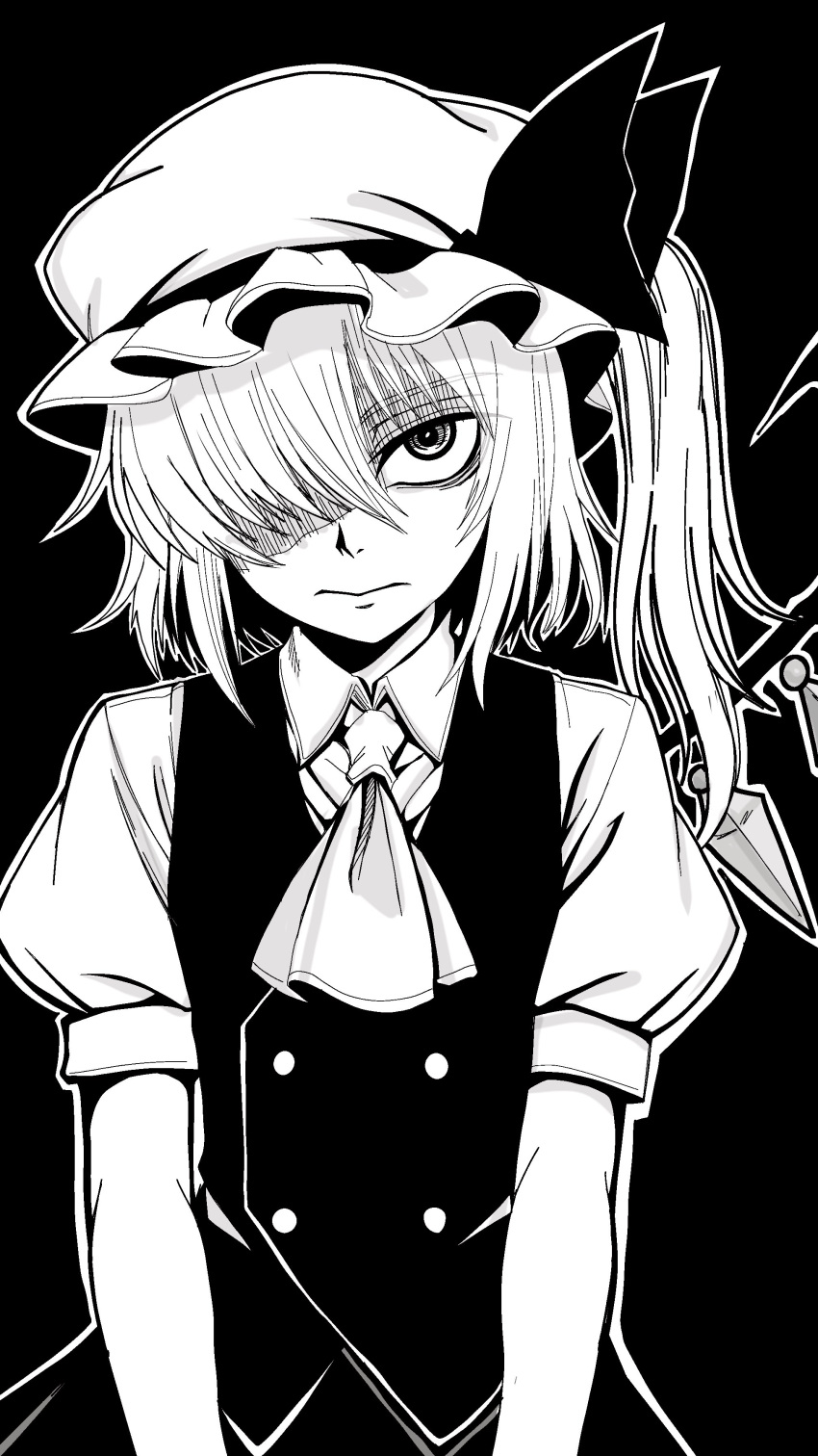 1girl, absurdres, ascot, closed_mouth, commentary_request, crystal_wings, flandre_scarlet, greyscale