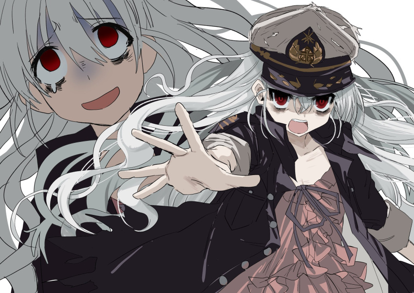 1girl, albatross_koukairoku, bags_under_eyes, black_coat, camisole, coat, empty_eyes, frilled_camisole