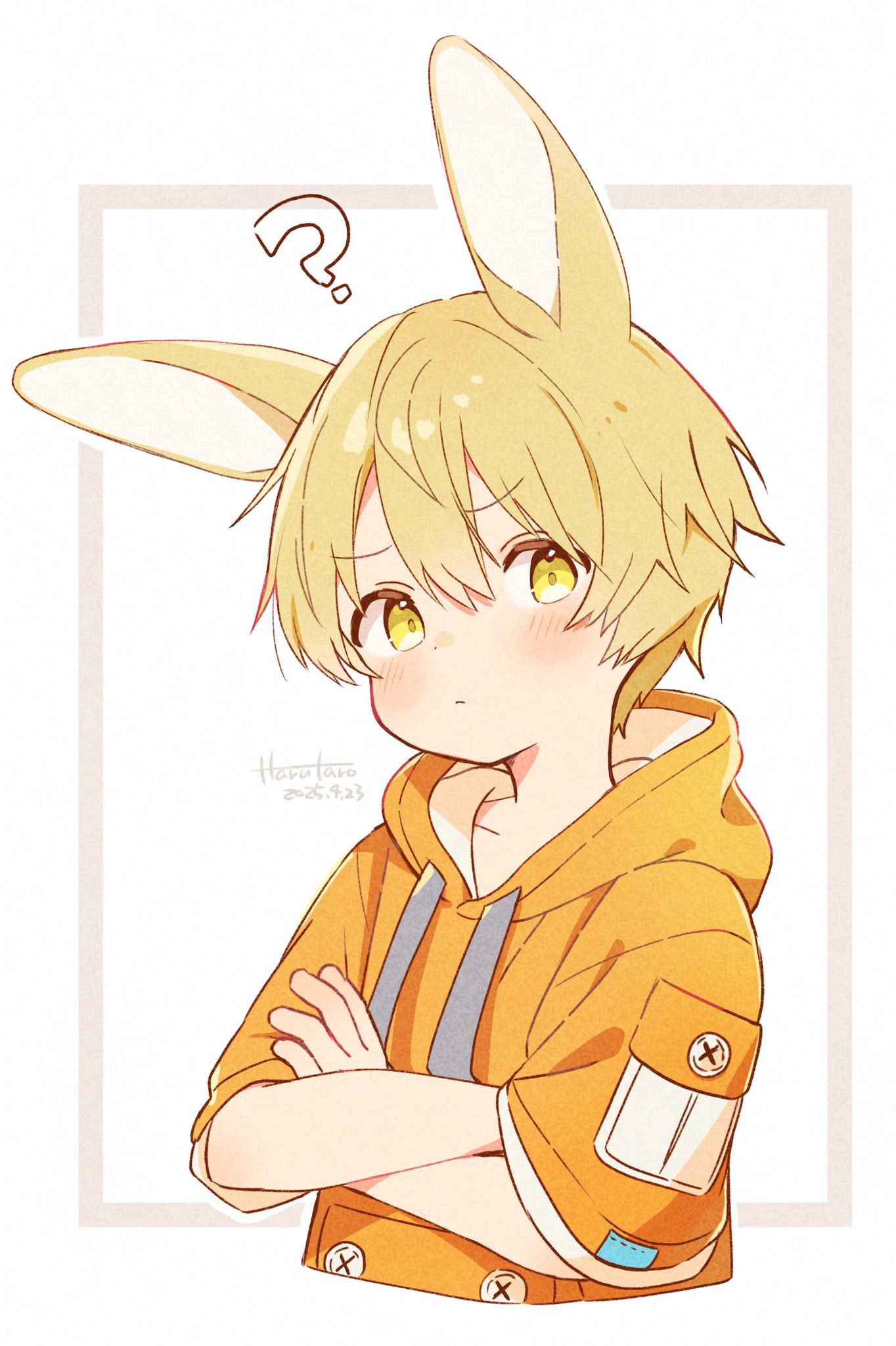1boy, ?, animal_ears, artist_name, blonde_hair, blush, child, closed_mouth