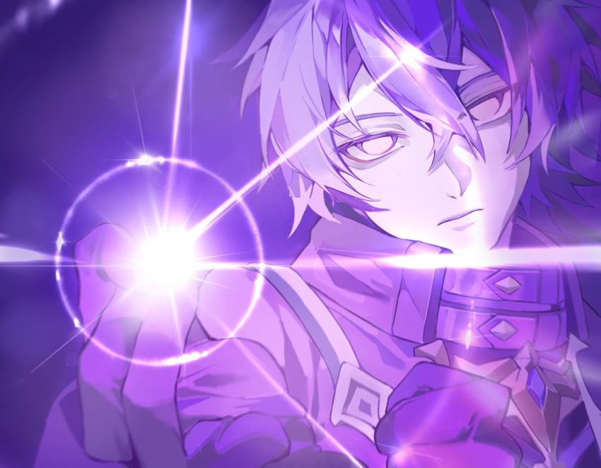 1boy, closed_mouth, coat, collar, empty_eyes, flins_(genshin_impact), gem, genshin_impact