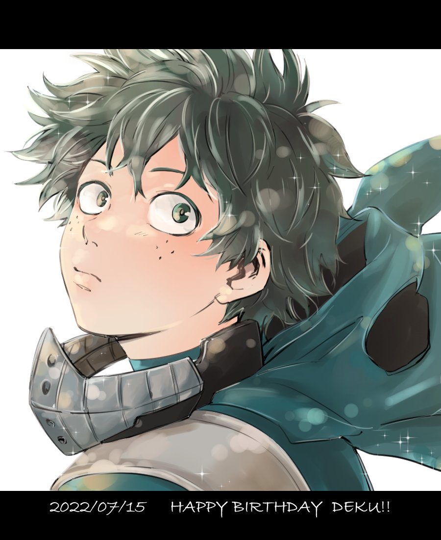 1boy, boku_no_hero_academia, closed_mouth, commentary_request, dated, freckles, from_side, green_eyes, green_hair, happy_birthday, letterboxed, male_focus, midoriya_izuku, oshiooo3, short_hair, simple_background, solo, superhero_costume