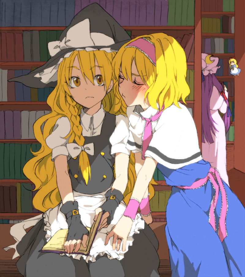 :t, alice_margatroid, bad_id, blonde_hair, blush, book, braid, brown_eyes