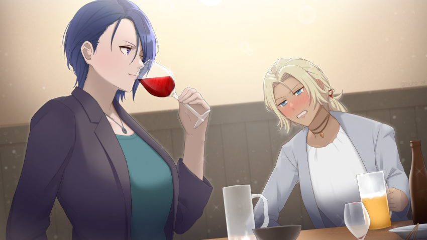 2girls, black_jacket, blonde_hair, blue_hair, blush, breasts, catherine_(fire_emblem), clenched_teeth