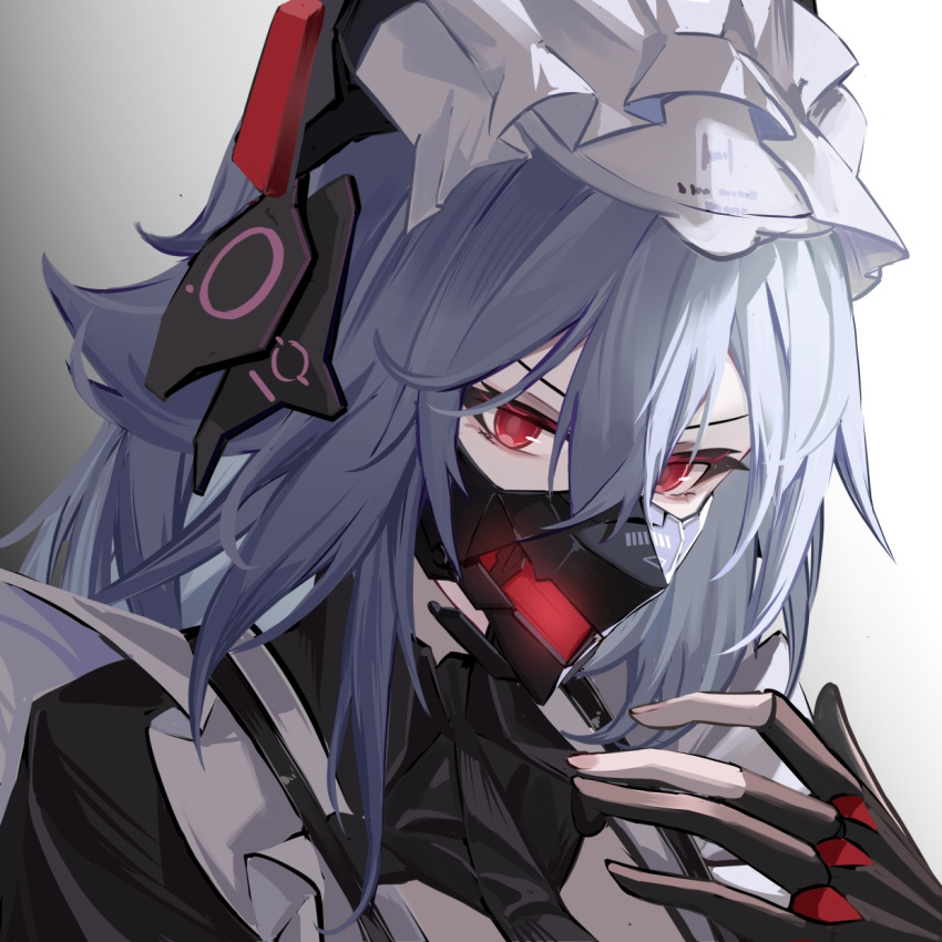 1girl, black_gloves, discord_(pgr), fingerless_gloves, gloves, grey_hair, hair_between_eyes, hand_up, headgear, highres, long_hair, looking_at_viewer, maid_headdress, mask, mouth_mask, panluo, portrait, punishing:_gray_raven, red_eyes, solo, v-shaped_eyebrows