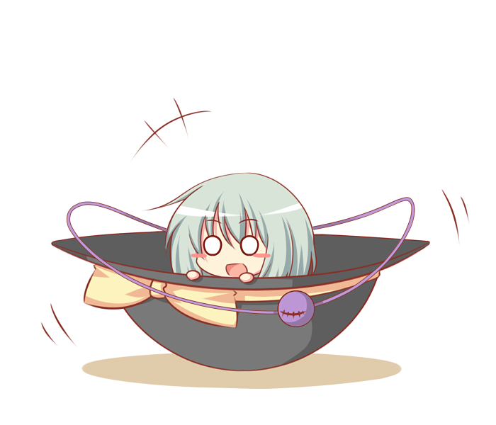 :d, blush_stickers, bow, chibi, green_hair, hat, hat_basket, hat_bow, hat_ribbon, kohsan_, komeiji_koishi, kousa_(black_tea), minigirl, o_o, open_mouth, ribbon, smile, solo, third_eye, touhou