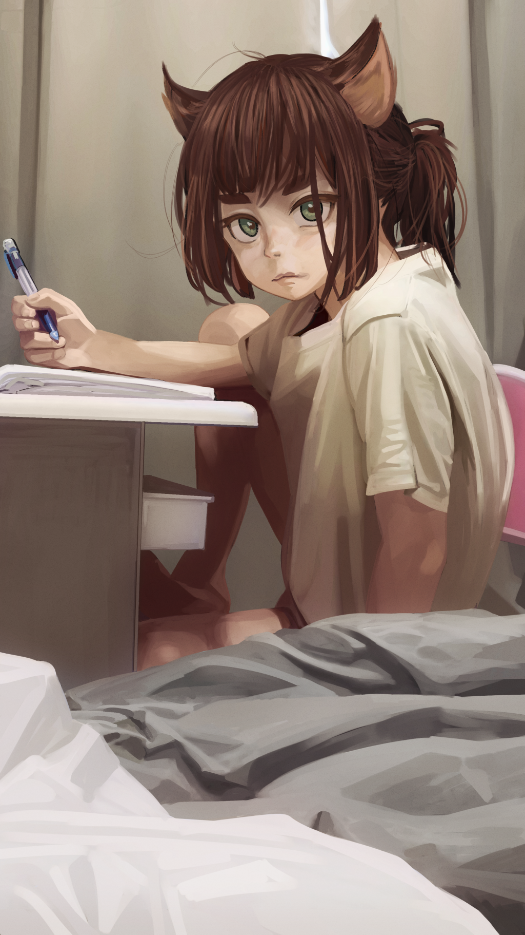 1girl, animal_ears, anya_(servachock), brown_hair, casual, cat_ears, cat_girl, chair, closed_mouth, desk, from_side, green_eyes, highres, holding, holding_pen, holding_pencil, indoors, knee_up, looking_at_viewer, original, pen, pencil, ponytail, scenery, servachok, shirt, short_sleeves, sitting, solo, white_shirt