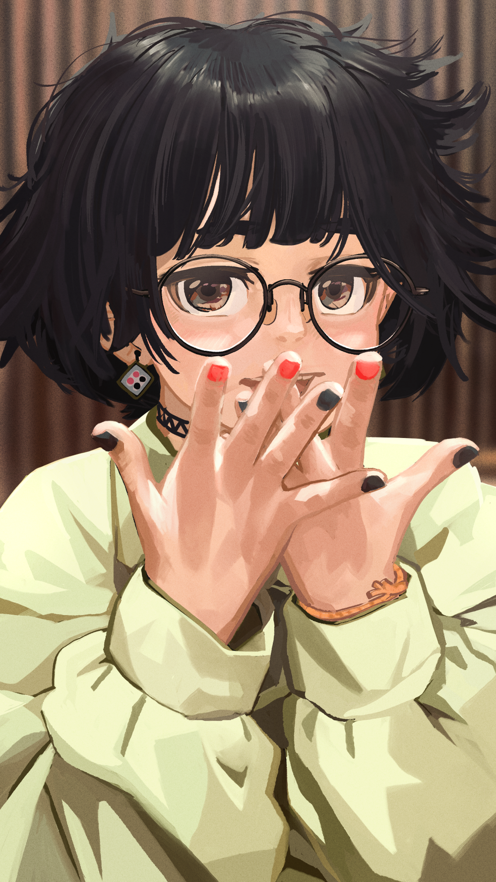 1girl, black-framed_eyewear, black_choker, black_hair, black_nails, brown_eyes, brown_nails, casual
