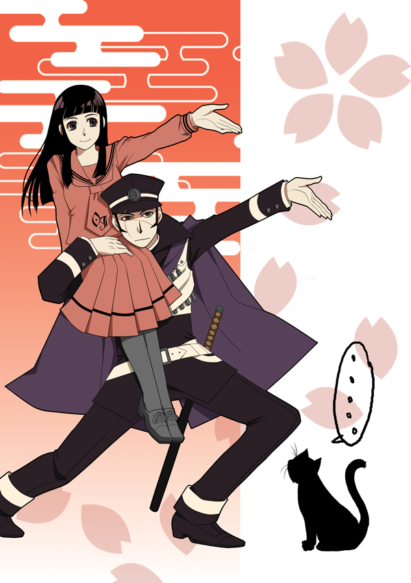 ..., 1boy, 1girl, belt, black_cat, black_eyes, black_hat, black_pants