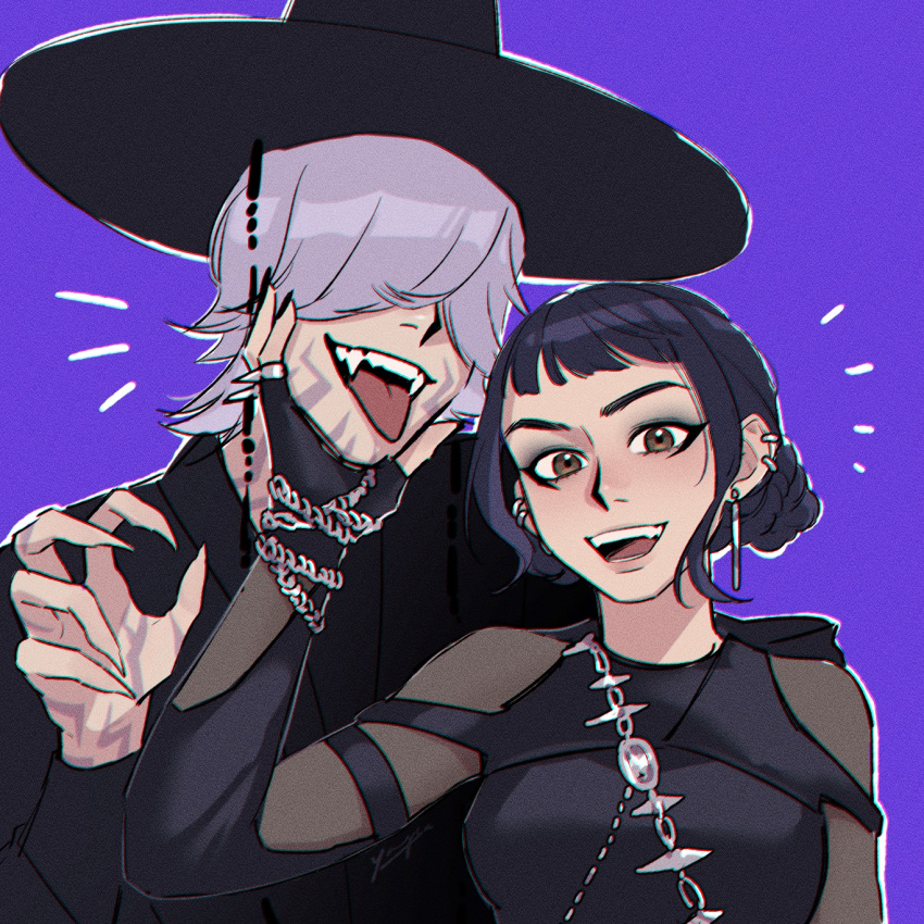 1boy, 1girl, black_hair, black_nails, blunt_bangs, body_markings, brown_eyes, chinese_commentary