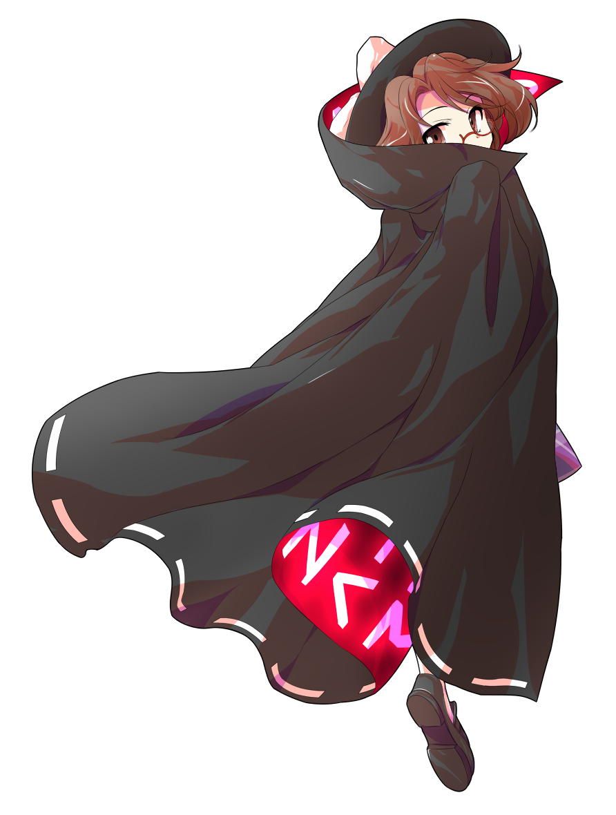 1girl, alphes_(style), bow, brown_hair, cloak, clothes_writing, commentary_request, covering_body