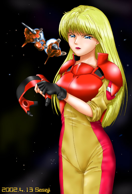 1girl, android, armor, artist_name, blonde_hair, bodysuit, breastplate, dated