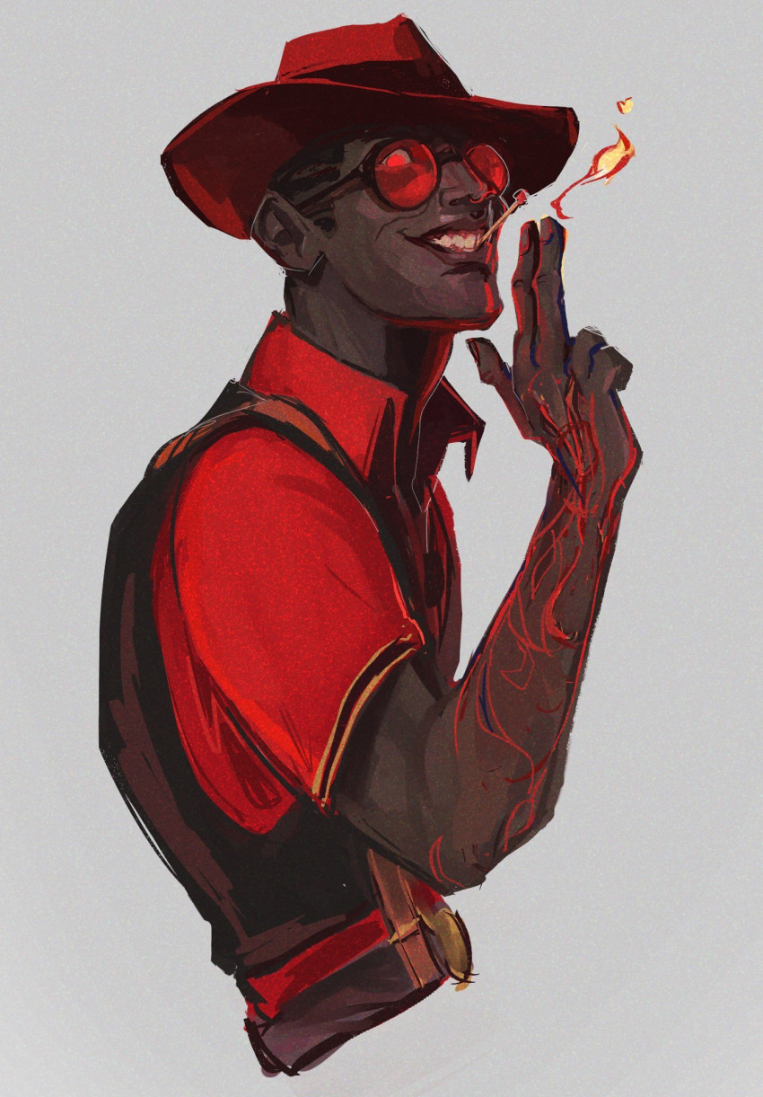 1boy, black_vest, dark-skinned_male, dark_skin, deadlock_(game), english_commentary, finger_gun, fire