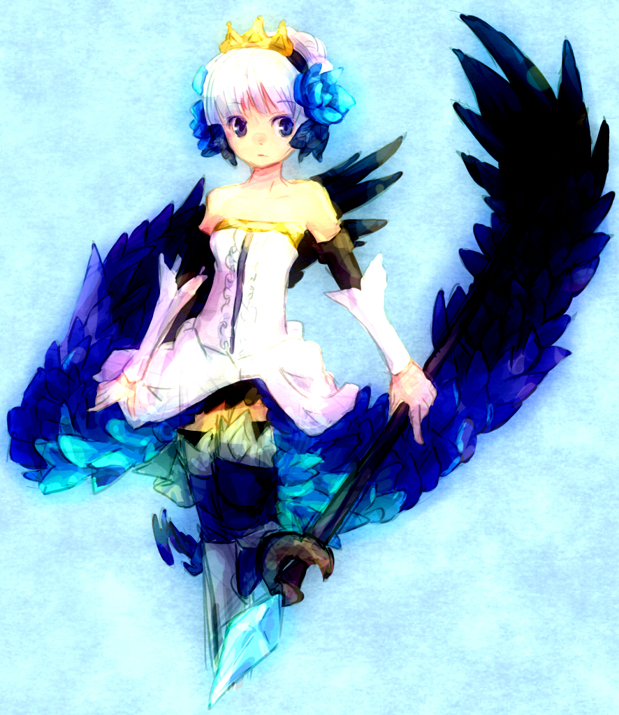 aqua_background, armor, armored_dress, blue_eyes, crown, feathers, gwendolyn, koma_tori