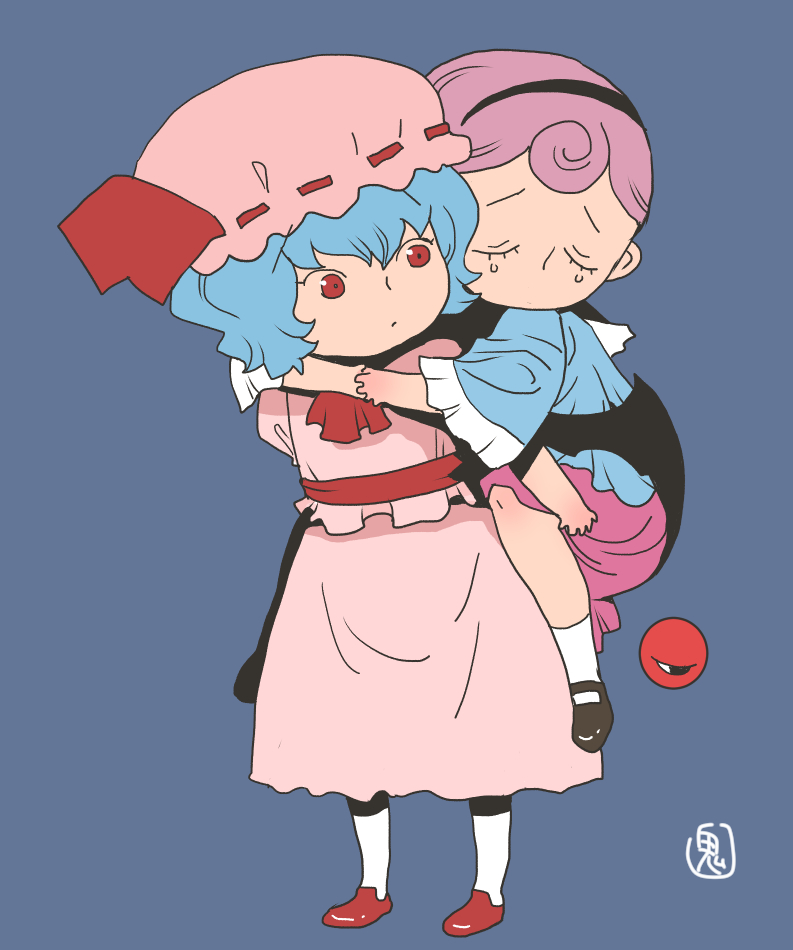 2girls, black_hairband, black_wings, blue_background, blue_hair, blue_shirt, carrying, closed_eyes