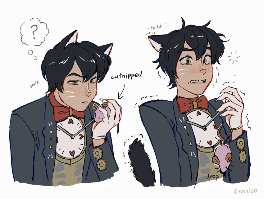 1boy, ?, animal_ears, artist_name, biting_own_lip, black_hair, black_jacket, blush, bow, bowtie, cat_boy, cat_ears, cat_tail, clock, cropped_torso, dark-skinned_male, dark_skin, date_everything, dropping, english_commentary, facial_mark, formal_clothes, gloves, hair_between_eyes, highres, holding, holding_toy, jacket, ken_nico, male_focus, open_clothes, open_jacket, red_bow, red_bowtie, short_hair, speech_bubble, tail, thought_bubble, timothy_timepiece, toy, trembling, twitching, upper_body, whisker_markings, white_background, yellow_eyes