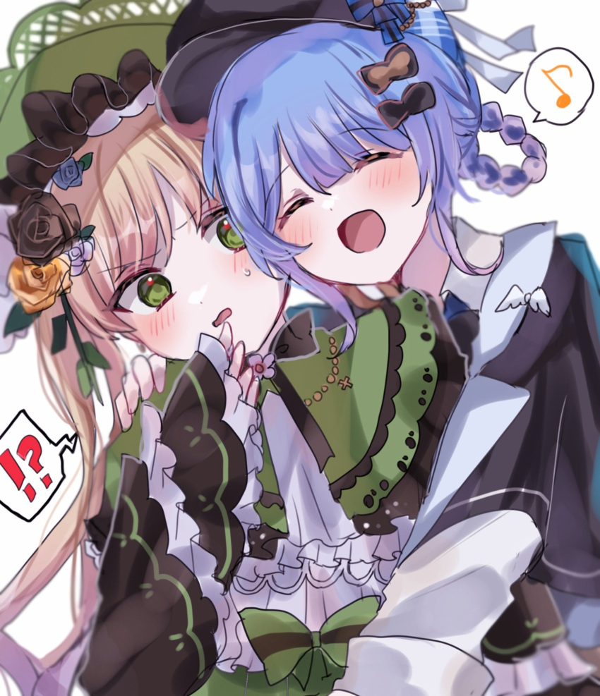 2girls, blonde_hair, blue_hair, blush, bonnet, detective, dress, flower