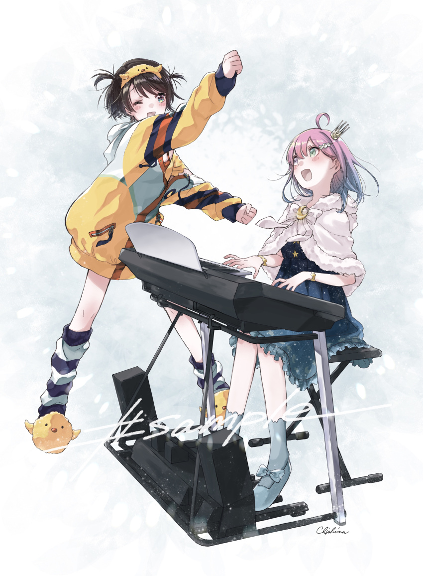 2girls, :d, ;d, absurdres, animal_hairband, animal_slippers, black_socks, blue_dress