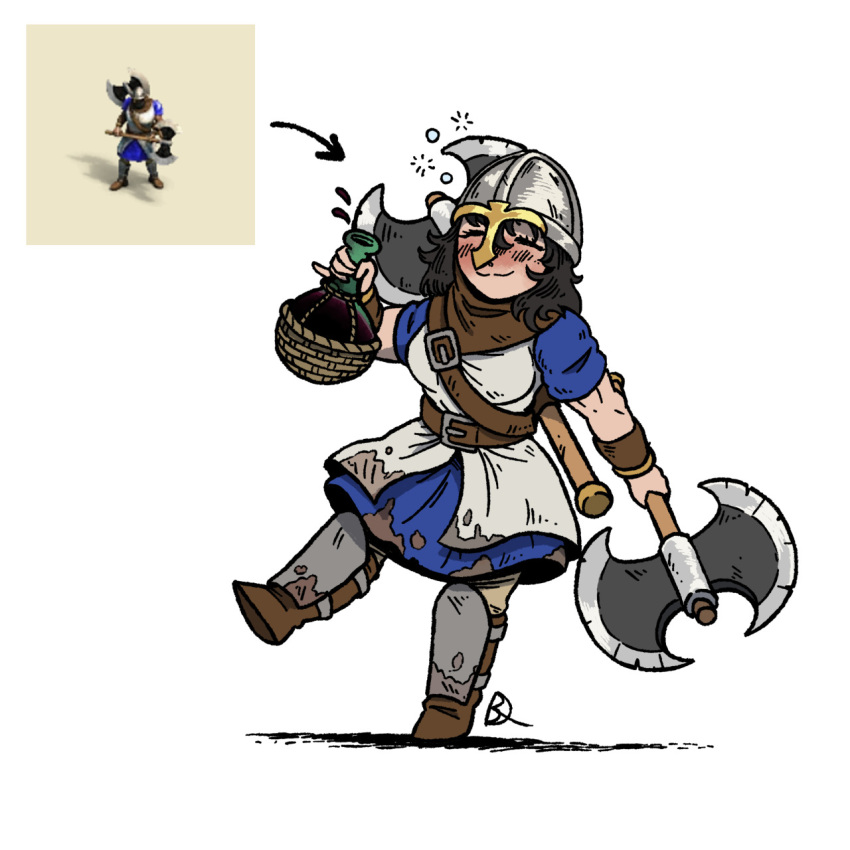 1girl, age_of_empires_(series), age_of_empires_ii, armor, axe, belt, black_hair, blush, boots, bottle, brown_boots, drunk, greaves, helmet, highres, holding, holding_weapon, kabewski, reference_inset, short_sleeves, simple_background, throwing_axeman_(age_of_empires_ii), tunic, weapon, white_background