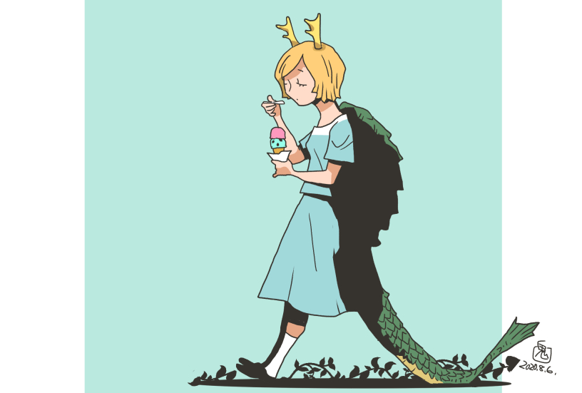 1girl, antlers, balancing_on_tail, blonde_hair, blue_background, blue_shirt, blue_skirt, closed_eyes