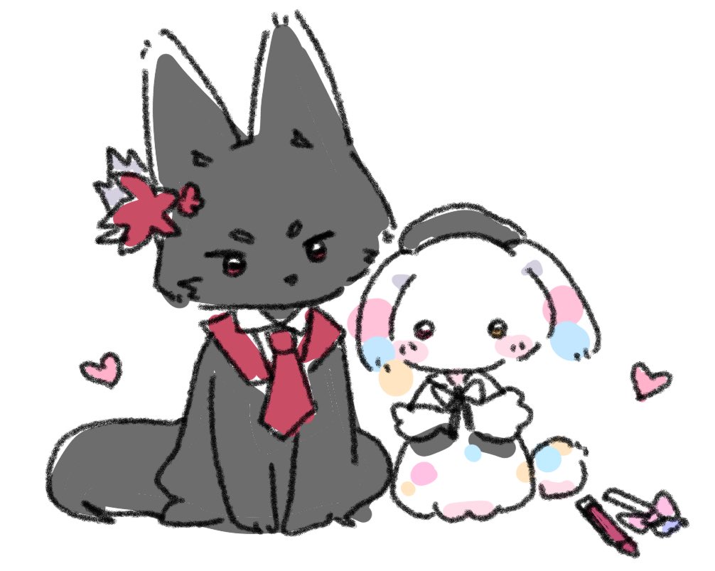 animalization, beret, black_dog, blush, bow, bowtie, dog, hair_ornament, hat, jougasaki_noa, mahou_shoujo_no_majo_saiban, nikaidou_hiro, pencil, sitting, usa_ice537, white_dog, yuri