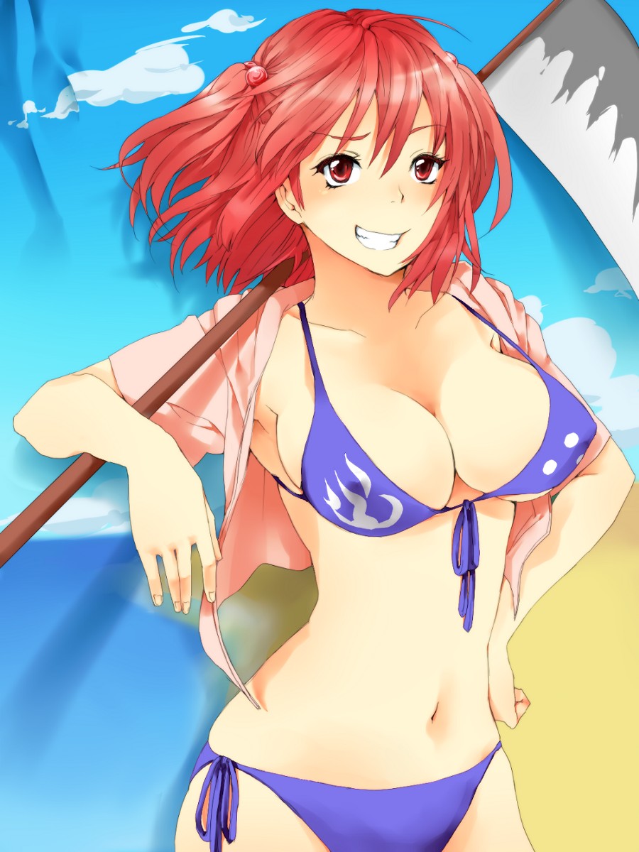 ahoge, alternate_costume, backdrop, bad_id, bikini, breasts, cleavage, front-tie_top