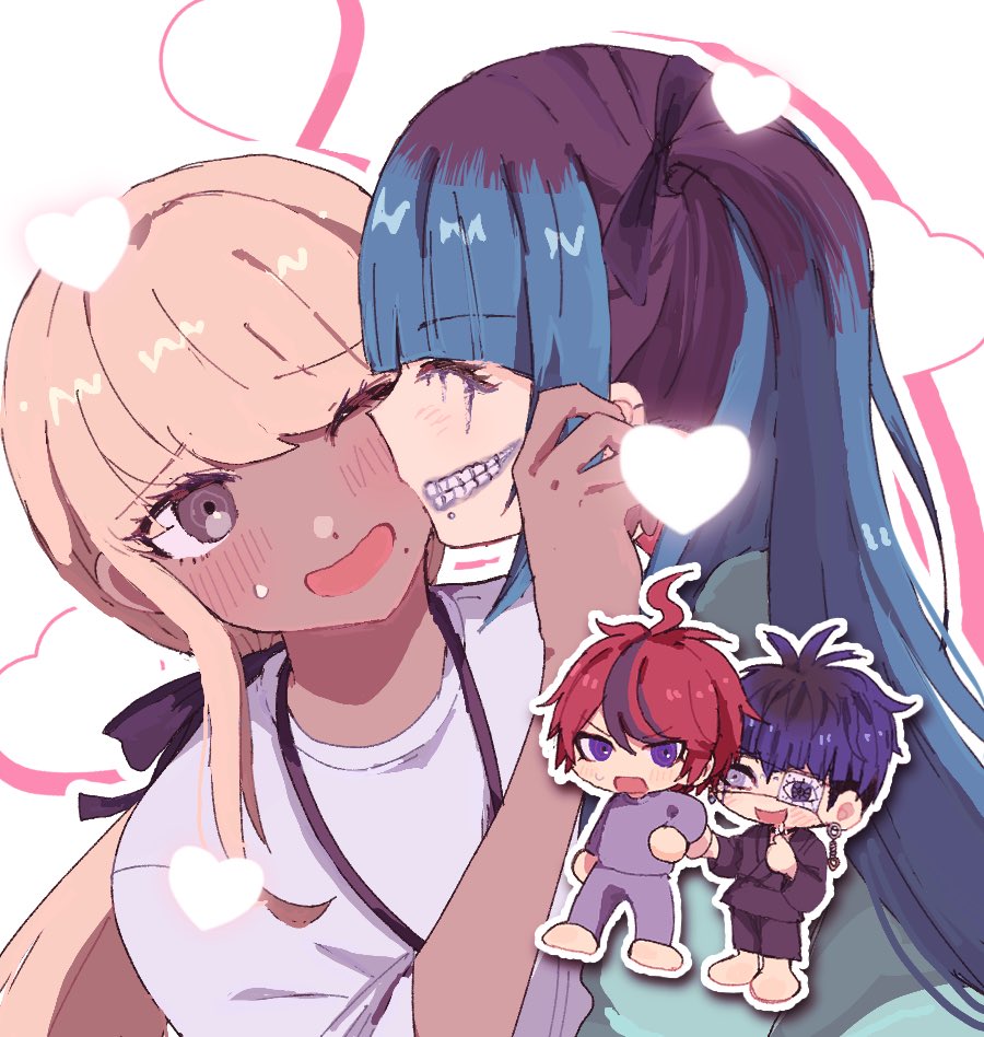 2boys, 2girls, ahoge, amemiya_darumi, black_hair, black_kimono, blonde_hair, blue_eyes, blue_hair, blush, bow, chibi, chibi_inset, dark-skinned_female, dark_skin, earrings, eye_print, eyepatch, grey_eyes, grey_shirt, hair_bow, heart, japanese_clothes, jewelry, kawana_tsubasa, kimono, kiss, kissing_cheek, long_hair, makeup, multicolored_hair, multiple_boys, multiple_girls, omokage_yugamu, one_eye_closed, ponytail, red_hair, shirt, short_hair, smile, smrinyan, streaked_hair, sumino_takumi, sweatdrop, the_hundred_line_-last_defense_academy-, yuri