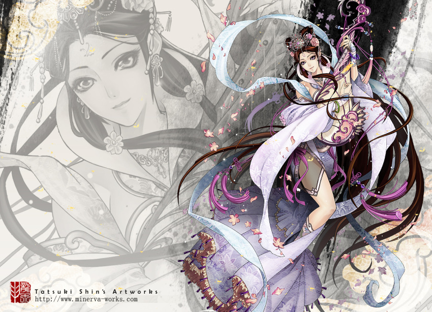 flower, grey_eyes, hair_flower, hair_ornament, instrument, jewelry, long_hair, necklace