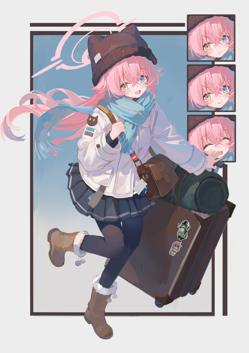 1girl, absurdres, alternate_costume, animal_ear_headwear, bag, beanie, black_hat, black_pantyhose, black_skirt, blue_archive, blue_background, blue_eyes, blue_scarf, blush, boots, border, brown_bag, brown_boots, closed_eyes, commentary_request, crossed_bangs, fang, full_body, fur-trimmed_boots, fur_trim, gradient_background, grey_background, guanhuvu, hair_between_eyes, halo, hat, heterochromia, highres, hoshino_(blue_archive), jacket, kagamihara_nadeshiko, long_hair, long_sleeves, looking_at_viewer, open_mouth, pantyhose, pink_halo, pleated_skirt, pom_pom_footwear, scarf, shima_rin, shoulder_bag, skin_fang, skirt, smile, suitcase, very_long_hair, white_border, white_jacket, yellow_eyes, yurucamp