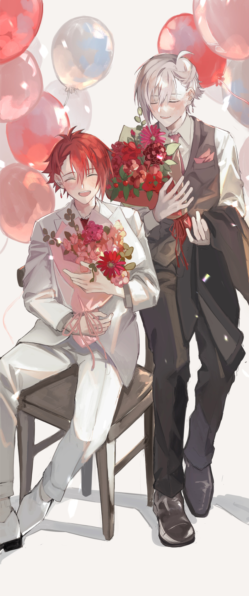 2boys, ^_^, absurdres, black_pants, black_vest, bouquet, breast_pocket, chair