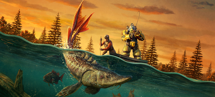 1boy, 1girl, air_bubble, bubble, fallout, fallout_76, fish, fishing_rod