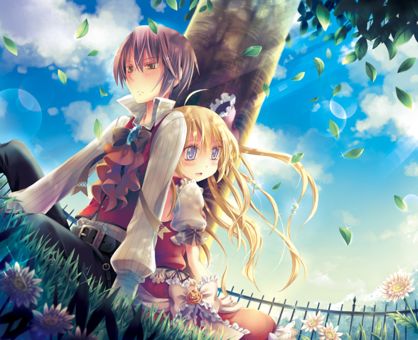 1boy, 1girl, ahoge, blonde_hair, blush, dress, female, flower, formal, frown, grass, hair_ornaments, long_hair, male, open_mouth, original, outdoors, outside, purple_eyes, red_hair, short_hair, sitting, smile, tree, yamadori_yoshitomo, yellow_eyes