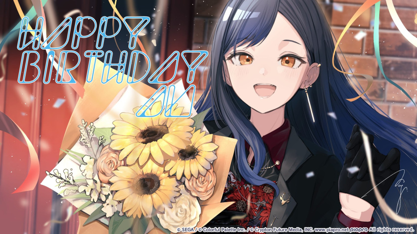 1girl, :d, black_gloves, black_hair, black_jacket, blue_hair, blurry, blurry_background