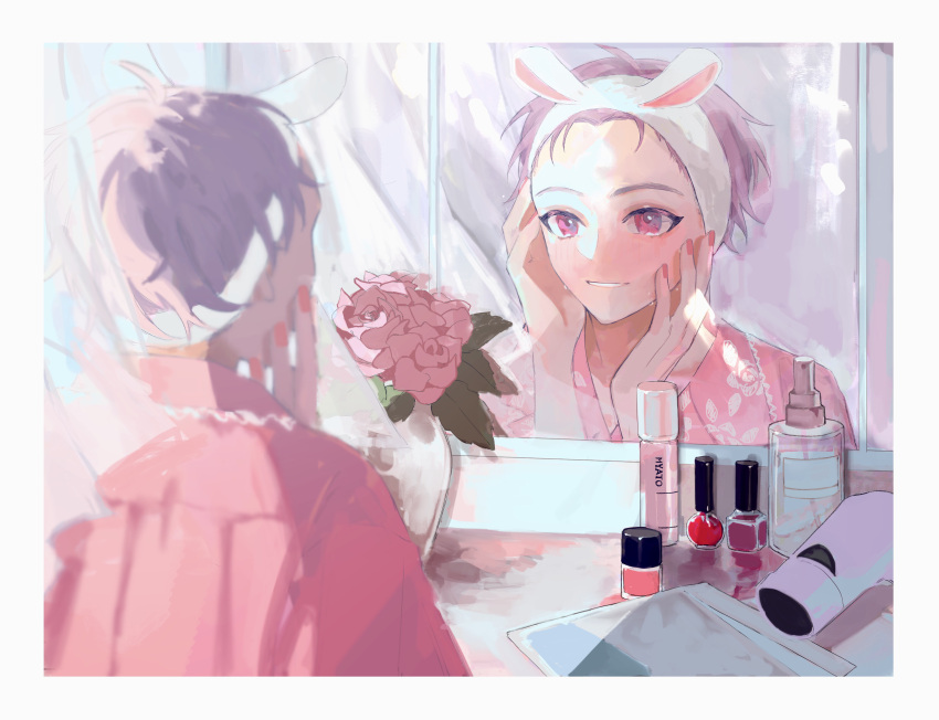 1boy, absurdres, ahoge, animal_ears, bottle, brown_hair, commentary_request, cosmetics