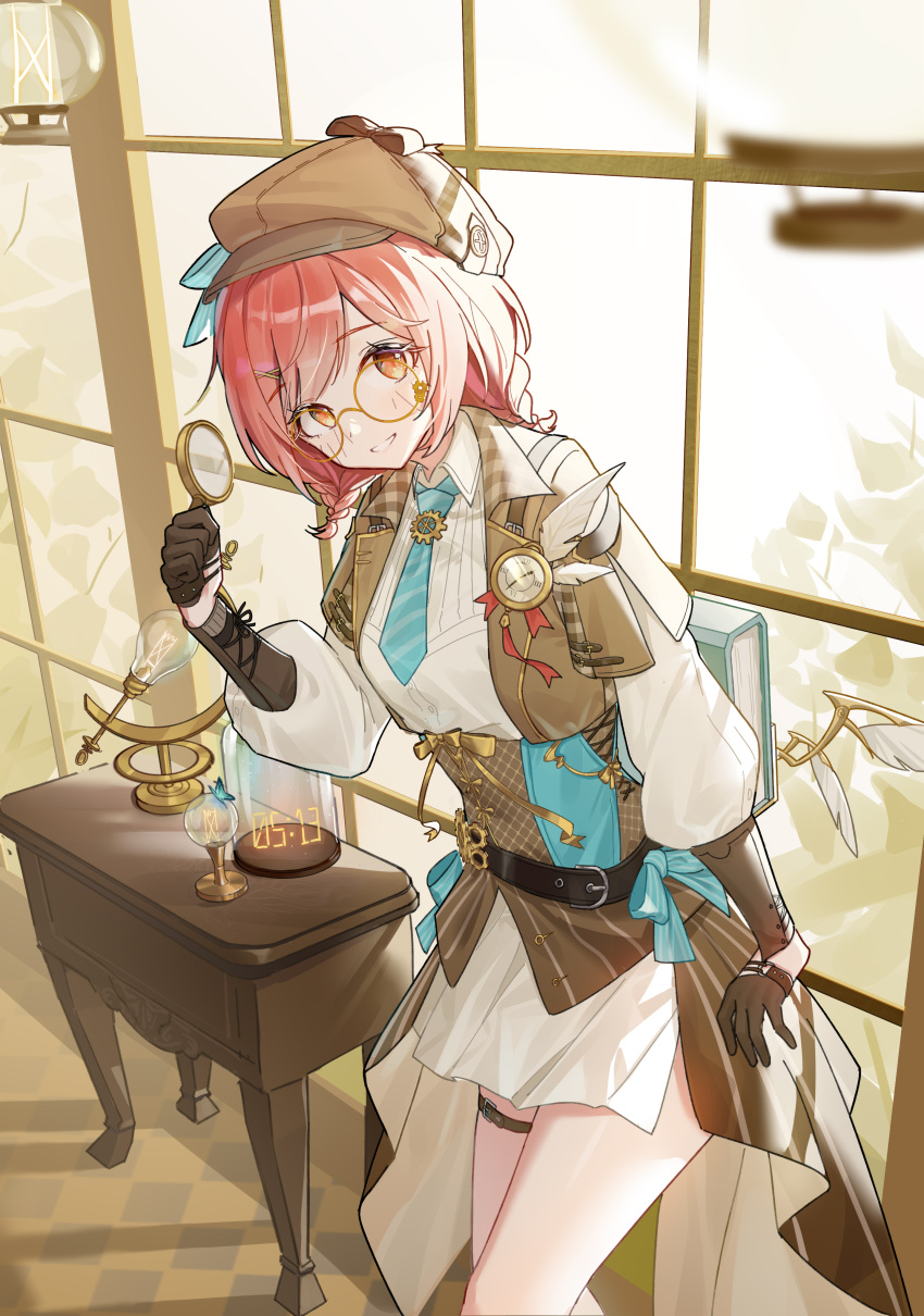 1girl, absurdres, airaila, belt, blue_necktie, blush, brown_eyes, brown_jacket