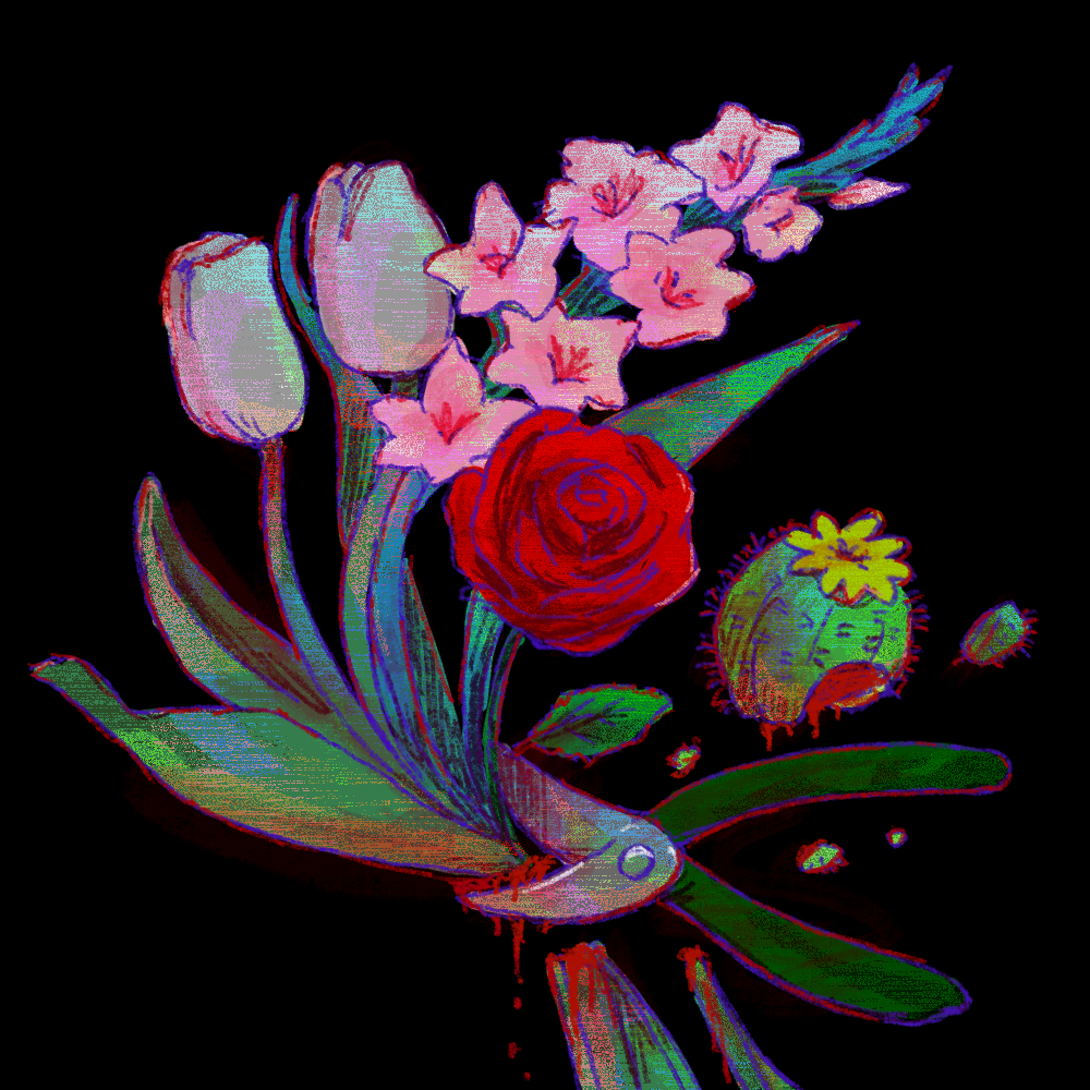 black_background, blood, cactus, flower, gardening_shears, gladiolus, no_humans, omori