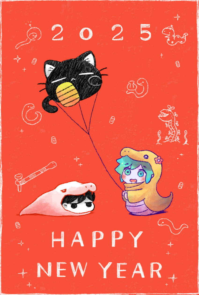2025, 2boys, animal_costume, balloon, basil_(headspace)_(omori), basil_(omori), black_eyes, black_hair, blush, chibi, chibi_only, colored_skin, flower, green_eyes, green_hair, happy_new_year, highres, king_carnivore_(omori), kite, kite_flying, male_focus, mewo, multiple_boys, no_mouth, omori, omori_(omori), open_mouth, red_background, s.s._snake_(omori), short_hair, smile, snake_(omori), snake_costume, sun_iiinu, toll_snake_(omori), white_skin