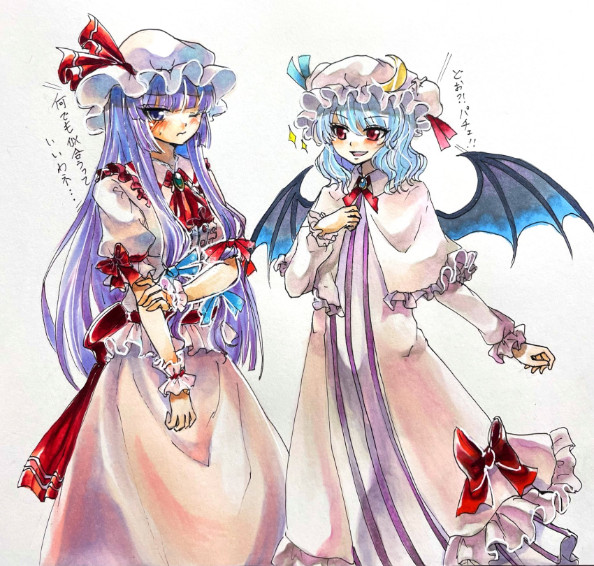 2girls, ascot, bat_wings, blue_hair, blush, bow, brooch, capelet