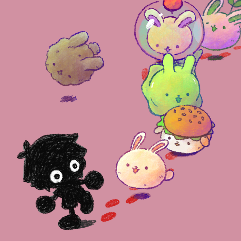 1boy, antenna_hair, bun_bunny_(omori), chibi, chibi_only, dust_bunny_(omori), eyed_silhouette, footprints