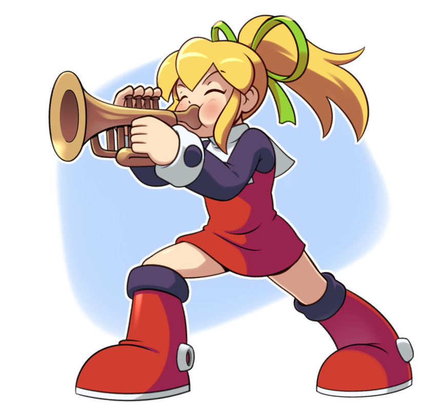 1girl, black_shirt, blonde_hair, boots, bow, closed_eyes, dress, full_body