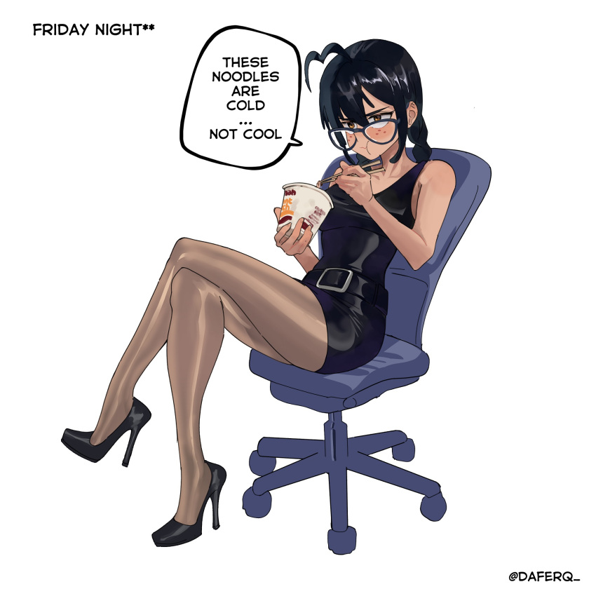 1girl, ahoge, bare_shoulders, black-framed_eyewear, black_dress, black_hair, black_shoes, braid, brown_eyes, brown_pantyhose, chair, chopsticks, closed_mouth, collarbone, commentary, crossed_legs, daferq, dress, eating, english_text, freckles, full_body, glasses, hair_between_eyes, high_heels, highres, holding, holding_chopsticks, low_twin_braids, on_chair, original, pantyhose, pout, ramen, shoes, simple_background, sitting, solo, speech_bubble, swivel_chair, symbol-only_commentary, twin_braids, twitter_username, white_background
