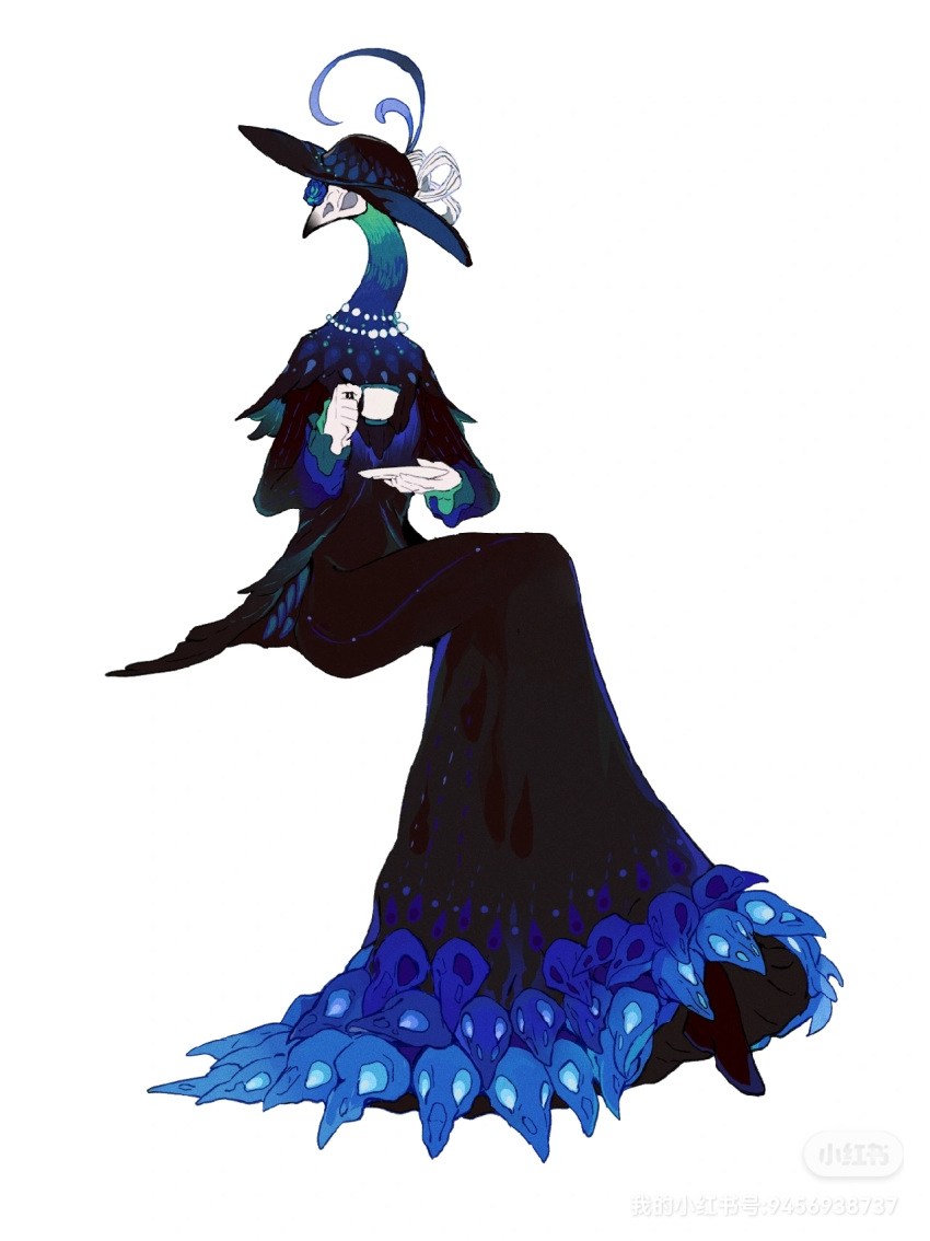 1girl, animal_skull, bird_girl, bird_skull, bird_skull_ornament, black_dress, black_shoes, blue_feathers