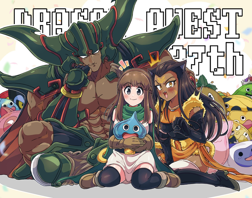 1boy, 2girls, :d, abs, absurdres, animal_ears, anniversary, armor
