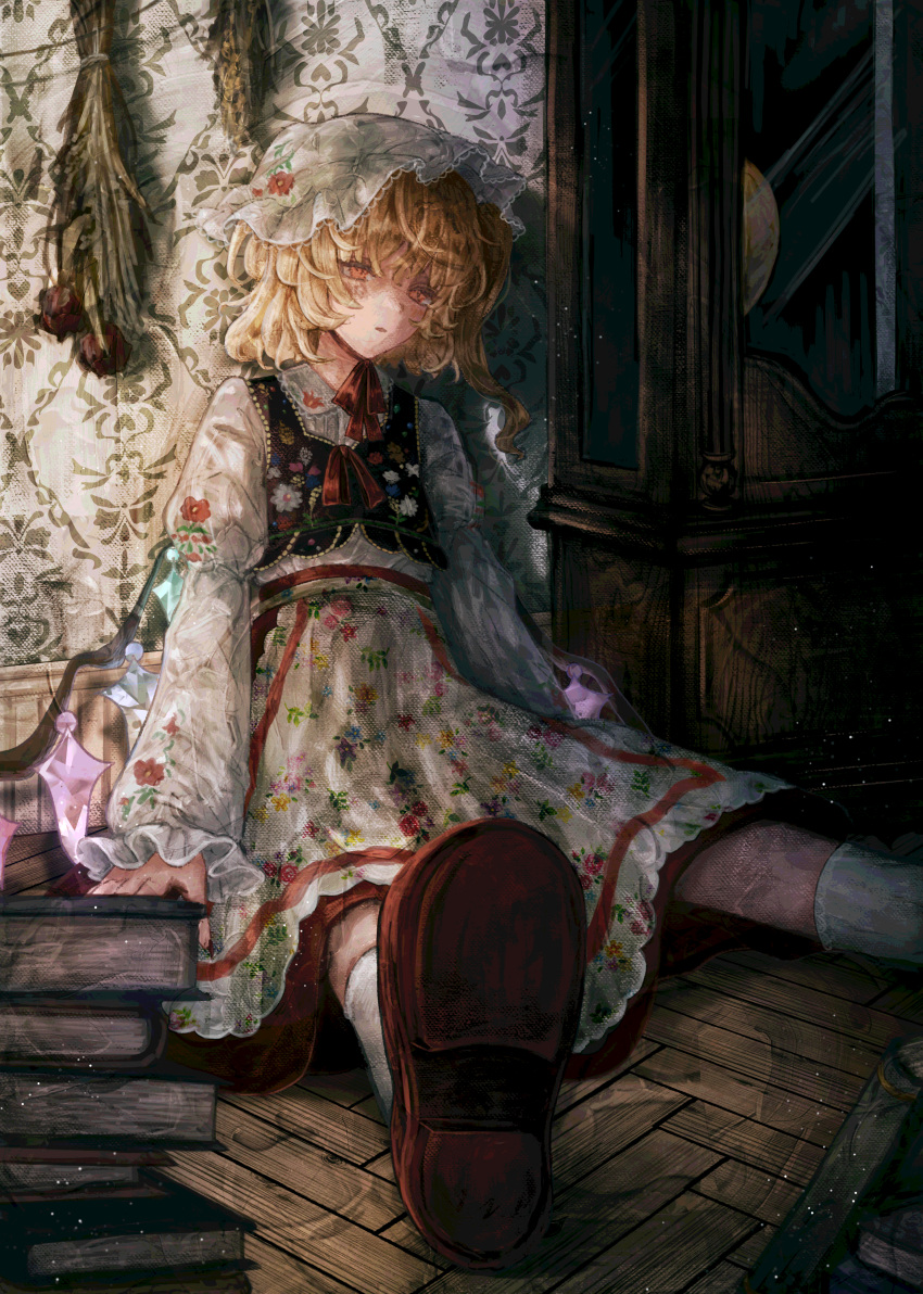 1girl, absurdres, against_wall, apron, black_vest, blonde_hair, book, book_stack, choker, clock, colored_shoe_soles, crystal_wings, dried_flower, expressionless, flandre_scarlet, fleuriste, floral_print_apron, floral_print_headwear, floral_print_shirt, floral_print_vest, grandfather_clock, hat, highres, juliet_sleeves, lace_trim, long_sleeves, medium_hair, mob_cap, multicolored_wings, puffy_sleeves, red_choker, red_eyes, red_ribbon, red_shoes, red_skirt, ribbon, shirt, shoes, side_ponytail, sitting, skirt, socks, solo, touhou, vest, wallpaper_(object), white_apron, white_hair, white_shirt, white_socks, wings, wooden_floor