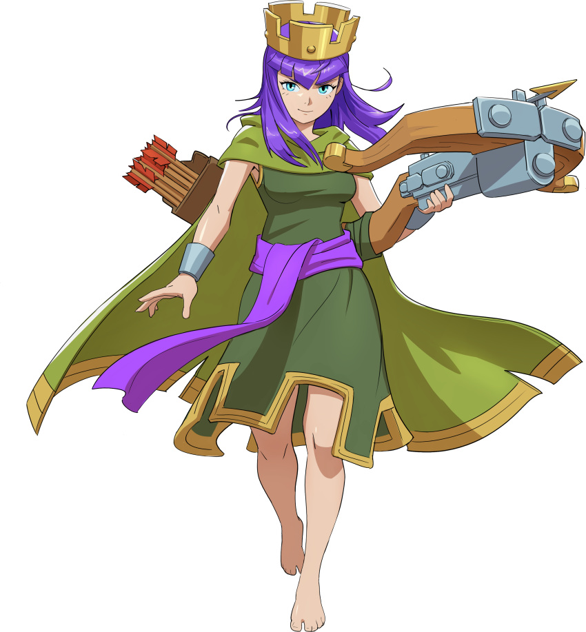 1girl, absurdres, archer_queen_(clash_of_clans), arrow_(projectile), barefoot, blue_eyes, cape, clash_of_clans